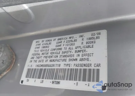 2006 Honda Accord 2.4 Ex from USA, damaged, VIN 1HGCM56856A091718